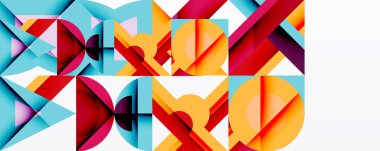 Geometric shapes overlap, creating vibrant abstract composition. Colors blend, forming dynamic visual experience. Modern design elements present.