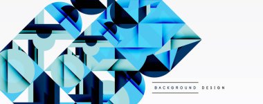Abstract geometric shapes, blue tones dominate design. Modern style, clean lines, dynamic composition. Minimalist aesthetic, suitable background texture.