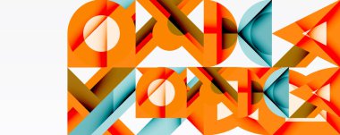 Abstract geometric pattern. Orange, red, blue shapes overlap creating complex design. Minimalist style, modern aesthetic.