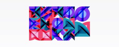 Abstract geometric shapes overlap, creating vibrant colorful composition. Pink, purple, blue hues dominate design. Modern aesthetic.