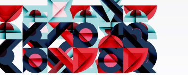 Abstract geometric composition. Red, navy, light blue shapes overlap, creating complex visual pattern. Minimalist design, modern aesthetic.