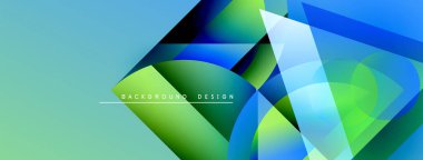 Soyut geometrik şekiller canlı mavileri, yeşillikleri harmanlarlar. Modern tasarım üst üste binen katmanlar, pürüzsüz eğimler, dinamik bileşimler içerir.