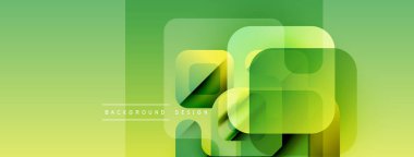 Soyut geometrik şekiller örtüşür, canlı yeşil gradyan arkaplan oluşturur. Modern tasarım elementleri teknoloji ve yenilik öneriyor.