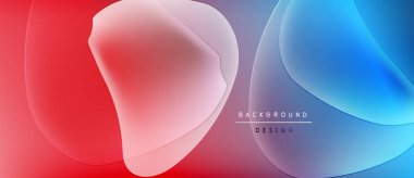 Soyut sıvı şekilleri üst üste binerek canlı kırmızı mavi gradyan oluşturur. Modern tasarım hareketi, enerjiyi, pürüzsüz geçişleri öneriyor. Arkaplanda metin ögeleri.