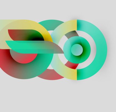 Üst üste binen renkli daireleri içeren soyut kompozisyon, dinamik görsel etkileşim yaratır. Yumuşak eğimler derinliği arttırır, modern tasarımı oluşturur.