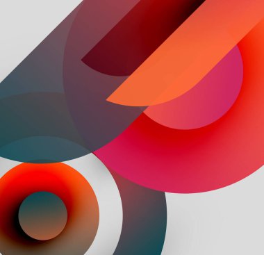 Soyut kompozisyon. Üst üste binen daireler, gradyanlar dinamik görsel efekt yaratır. Kırmızı, turuncu, deniz mavisi renkleri tasarımda baskın. Modern estetik.