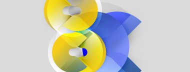 Soyut tasarım özellikleri üst üste binen sarı, mavi şekiller. Yumuşak eğimler derinlik yaratır, modern estetik. Minimalist kompozisyon, hafif arkaplan.