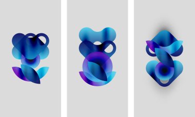 Soyut şekiller, mavi renkler, eğim etkileri. Üç panelde akıcı şekiller, yumuşak gölgeler ve modern tasarım var. Minimalist estetik, hafif arkaplan.