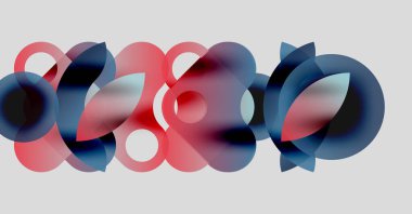 Üst üste binen daireler içeren soyut kompozisyon. Kırmızı, mavi renkler karışıyor ve yumuşak renkler oluşturuyor. Minimalist tasarım, modern estetik.