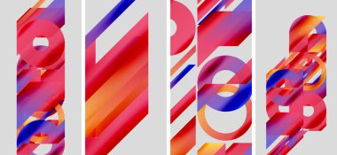 Soyut geometrik bileşim. Dört panel canlı renk eğimlerini, üst üste binen şekilleri ve dinamik çizgileri gösteriyor. Modern tasarım elemanları.