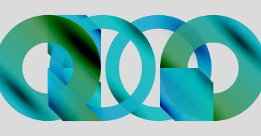 Birbirine kenetlenmiş halkalar, canlı maviler, yeşiller. Soyut tasarım bağlantı, birlik ve döngüsel kalıpları öneriyor. Modern estetik, temiz çizgiler.