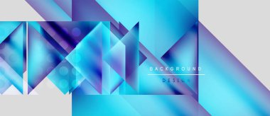Soyut geometrik şekiller, canlı maviler, morlar modern arka plan yaratır. Gradyan etkiler derinlik ve görsel ilgi ekler. Tasarım elemanları teknolojiyi öneriyor.