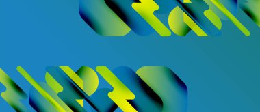 Soyut tasarım canlı yeşil, mavi renkler içerir. Katmanlı şekiller dinamik görsel efektler yaratır. Modern, minimalist estetik.