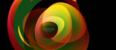 Soyut sıvı şekiller harmanlanır, canlı renkli bir tasarım yaratır. Sarı, yeşil, kırmızı renkler kompozisyona hakim. Modern estetik.