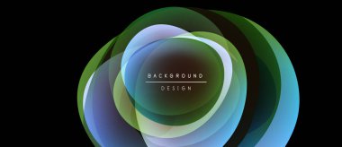 Soyut katmanlı tasarım. Dairesel şekiller örtüşüyor, canlı renk değişimleri yaratıyor. Metin arka plan tasarımı okur. Modern estetik.