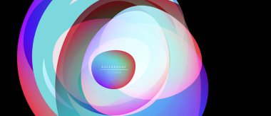 Soyut renkli katmanlar dinamik görsel efekt yaratır. Düz eğimler harmanlanarak dairesel bileşim oluşturur. Modern tasarım ögesi.