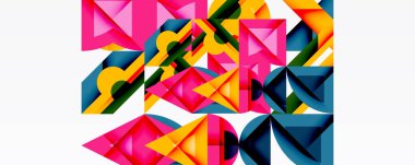 Soyut geometrik şekiller örtüşür, canlı renkli kompozisyon oluşturur. Pembe, mavi, sarı baskın tasarım. Modern estetik.