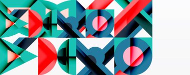 Soyut geometrik bileşim. Şekiller örtüşüyor, dinamik görsel doku oluşturuyor. Teal, kırmızı, mavi baskın palet. Modern tasarım.