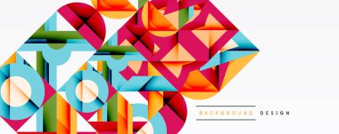 Soyut geometrik şekiller örtüşür, canlı renkli tasarım yaratır. Modern tarz, arka planlar, pankartlar, sunumlar için uygun.