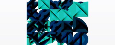 Soyut geometrik şekiller, değişik tonlarda deniz mavisi, deniz mavisi. Karmaşık bileşim, katmanlı üçgenler, dikdörtgenler görsel alana hakim. Minimalist estetik.