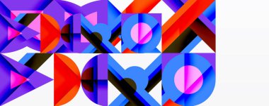 Soyut geometrik bileşim. Canlı renkler kesişiyor, dinamik desenler oluşturuyor. Şekiller örtüşür, karmaşık görsel doku oluşturur.