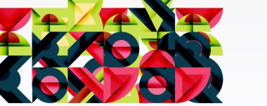 Soyut geometrik şekiller çakışıyor, canlı desenler yaratıyor. Kırmızı, yeşil, siyah renkler kompozisyona hakim. Modern tasarım elemanları.