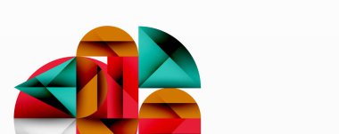 Soyut geometrik şekiller örtüşür ve canlı bir bileşim yaratır. Kırmızı, deniz mavisi, turuncu renkler minimalist tasarıma hakim. Temiz çizgiler biçimleri tanımlar.