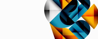 Soyut geometrik şekiller örtüşür, dinamik bileşim yaratır. Mavi, turuncu, siyah renkler beyaz arkaplana hakim. Modern tasarım.