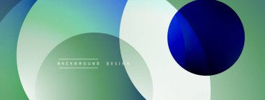Soyut çemberler çakışıyor, yumuşak eğimler yaratıyor. Mavi, yeşil, beyaz renkler harmanlanır. Minimalist tasarım modern estetiği akla getiriyor. Arkaplan özellikleri metin.