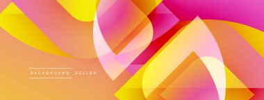 Soyut geometrik şekiller örtüşür, canlı gradyanlar yaratır. Sıcak renkler baskın, enerji, hareket, modern tasarım.