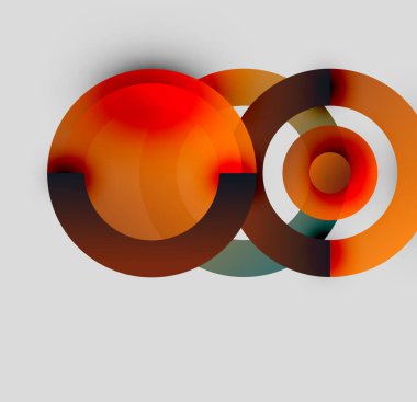 Üst üste binen dairesel şekiller içeren soyut bir kompozisyon. Sıcak turuncu, kırmızı renkler dizaynın baskın rengidir, koyu tonlarla tezat oluşturur. Minimalist estetik.