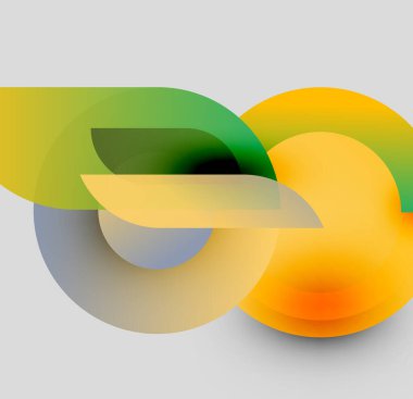 Soyut şekiller örtüşür, canlı renk karışımları yaratır. Sarılar, yeşiller, griler dinamik bileşim oluşturur. Modern tasarım elemanları.