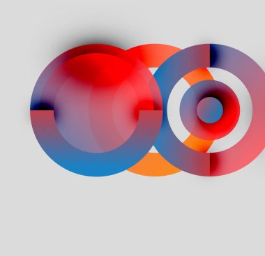 Soyut daireler örtüşür, canlı renk karışımları yaratır. Kırmızı, mavi, turuncu, beyaz renkler kompozisyona hakim. Modern tasarım.