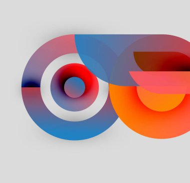 Soyut tasarım özellikleri üst üste binen renkli daireler, gradyanlar. Modern estetik, basit arkaplan, görsel olarak çekici kompozisyon.