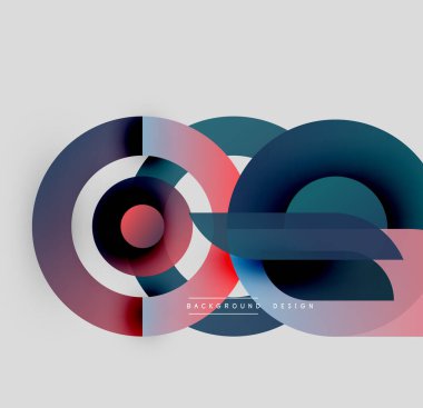 Üst üste binen daireler, dikdörtgenler içeren soyut bir kompozisyon. Gradyan renkler dinamik görsel efekt yaratır. Minimalist tasarım, modern estetik.