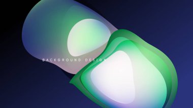 Soyut akışkan şekiller, canlı maviler, yeşiller. Modern tasarım ögesi, koyu arkaplan derinlik yaratır, pürüzsüz gradyanlar görünür.