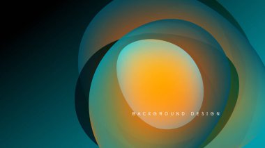 Soyut daireler örtüşüyor, canlı renk eğimleri yaratıyor. Turuncu, deniz mavisi, siyah karışımı pürüzsüz. Modern tasarım ögesi.