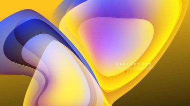 Soyut sıvı şekiller, canlı renklerin karışımı. Sarı, mavi, mor renkler dinamik bileşim oluşturur. Modern tasarım ögesi.