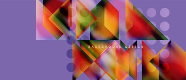 Soyut geometrik şekiller, canlı renkler, mor fon. Modern tasarım elementleri dinamik görsel doku oluşturur.