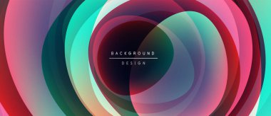 Soyut girdap katmanları canlı dairesel tasarım yaratır. Renkler karışır, dinamik görsel efekt oluşturur. Orta metin arkaplan tasarımı okur.