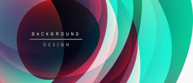 Soyut renkli katmanlar dinamik görsel efekt yaratır. Üst üste binen daireler, akış çizgileri hareket ve derinliği gösteriyor. Modern tasarım ögesi.