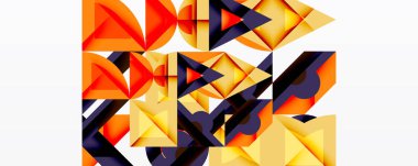 Soyut geometrik bileşim. Sıcak renkler hakim, üçgenler, şekiller, gradyanlar. Modern tasarım, dinamik görsel doku.