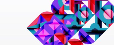 Soyut geometrik bileşim. Canlı şekiller örtüşüyor, dinamik görsel ilgi yaratıyor. Renkler arasında mor, kırmızı, deniz mavisi, pembe var. Modern tasarım.