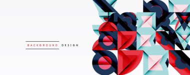 Soyut geometrik şekiller örtüşür, dinamik görsel doku oluşturur. Mavi, kırmızı, pembe renkler tasarımda baskın. Minimalist tarz, modern estetik.