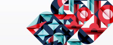 Soyut geometrik bileşim. Şekiller örtüşüyor, dinamik görsel ilgi yaratıyor. Kırmızı, mavi, turkuaz renkler tasarımda baskın. Modern estetik.