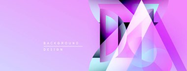 Soyut geometrik şekiller üst üste binerek canlı mor, pembe ve siyan gradyanlar oluşturur. Arkaplan ve sunumlar için uygun modern tasarım.