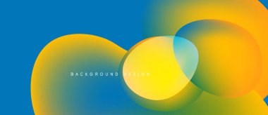 Soyut sıvı şekilleri canlı renkleri harmanlar. Sarı, turuncu, mavi dinamik bileşim yaratır. Arka planlar için modern tasarım ögesi.