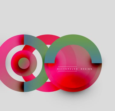 Soyut daireler örtüşüyor, canlı renk eğimleri yaratıyor. Modern tasarım elementleri dinamik görsel kompozisyon önerir.