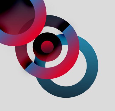 Soyut daireler örtüşüyor, canlı renk eğimleri yaratıyor. Kırmızı, mavi, siyah, beyaz baskın kompozisyon. Minimalist tasarım, modern estetik.