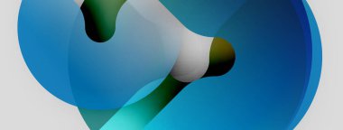 Soyut akışkan şekiller harmanlanır ve dinamik bileşim yaratır. Mavi, beyaz, yeşil renkler görsel alana hakim. Yumuşak eğimler hareketi önerir.